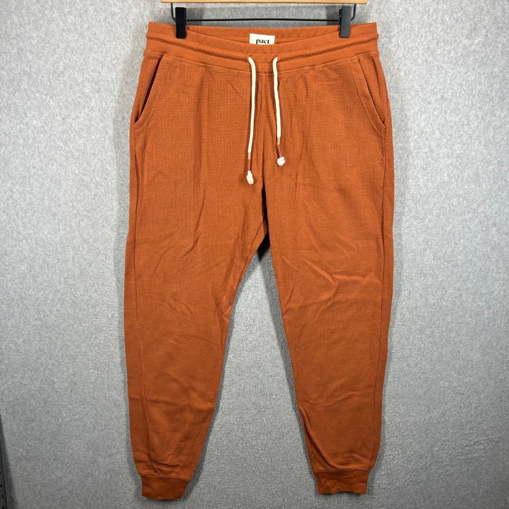 Pact Waffle Joggers Men M Orange Organic Cotton Drawstring Cuffed EUC